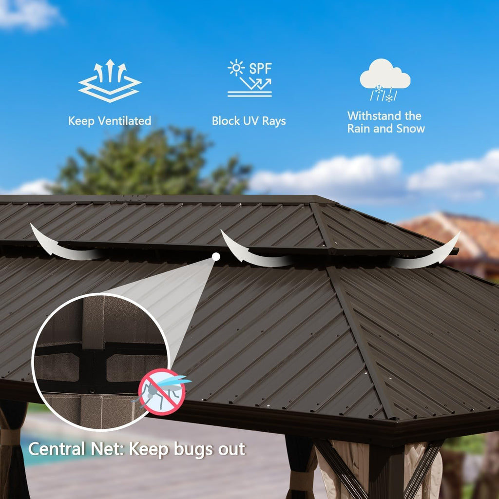 GOWE 14x22FT Hardtop Gazebo, Outdoor Gazebo with Galvanized Steel Double Roof, Aluminum Frame, Built-in Gutter System, Curtain and Netting, Metal Gazebo Pavilion for Patio Deck Garden, Brown