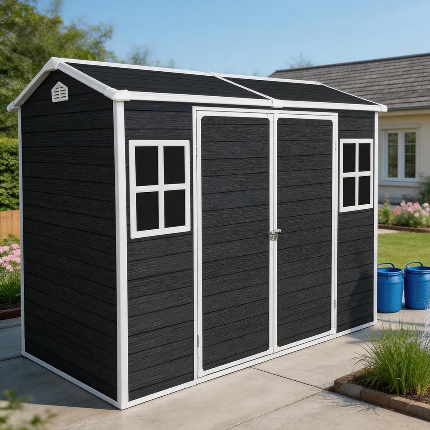 Storage Shed, 4x8ft Outdoor Storage Shed with Floor Included with 2 Windows and Lockable Door, Resin Sheds for House Garden Tools, Bike, Motorcycle, Lawn Mover, Arched Roof, Black