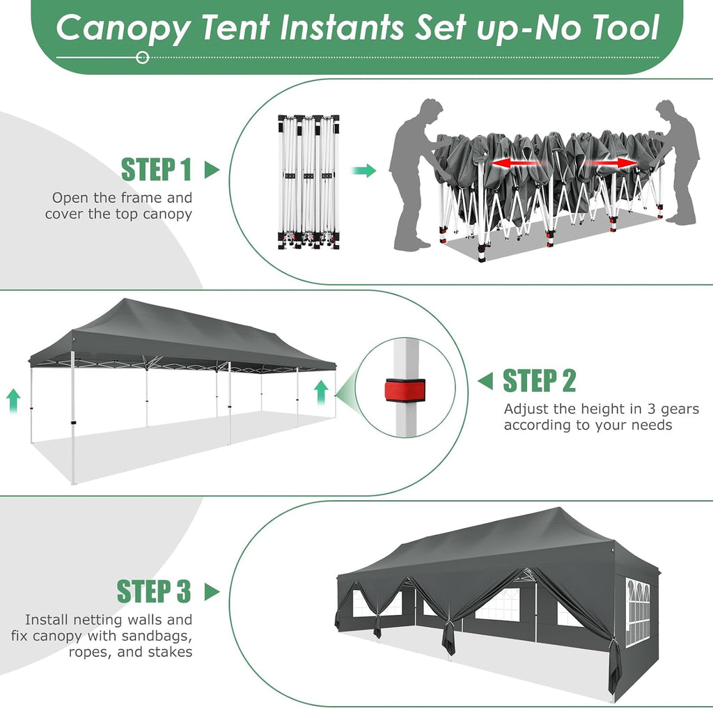 COBIZI Canopy Tent 10x30 Pop Up Canopy with 8 Removable Sidewalls Party Tents for Parties Wedding Patio Commercial Waterproof and UV50+ Ez Outdoor Instant Gazebo with Roller Bag & 4 Sandbags（Grey）