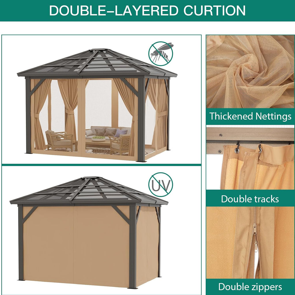 GarveeLife 10x12 ft Gazebo, Hardtop Outdoor Canopy Aluminum Frame Permanent Gazebo with Netting and Curtains, Polycarbonate Garden Tent for Patio, Lawn, Backyard, Deck (10 ft x12 ft)