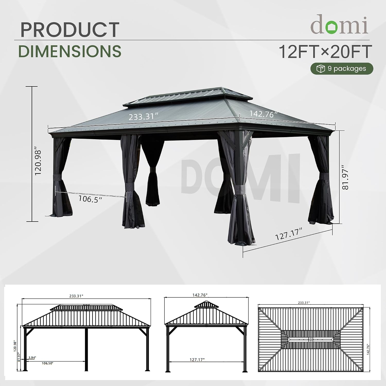 Domi 12' X 20' Hardtop Gazebo, Upgraded Metal Gazebo with Dual-Layer Resin Roof, Drainage System, Curtain and Netting, Outdoor Shelter Canopy for Patio, Garden, and Backyard, Grey