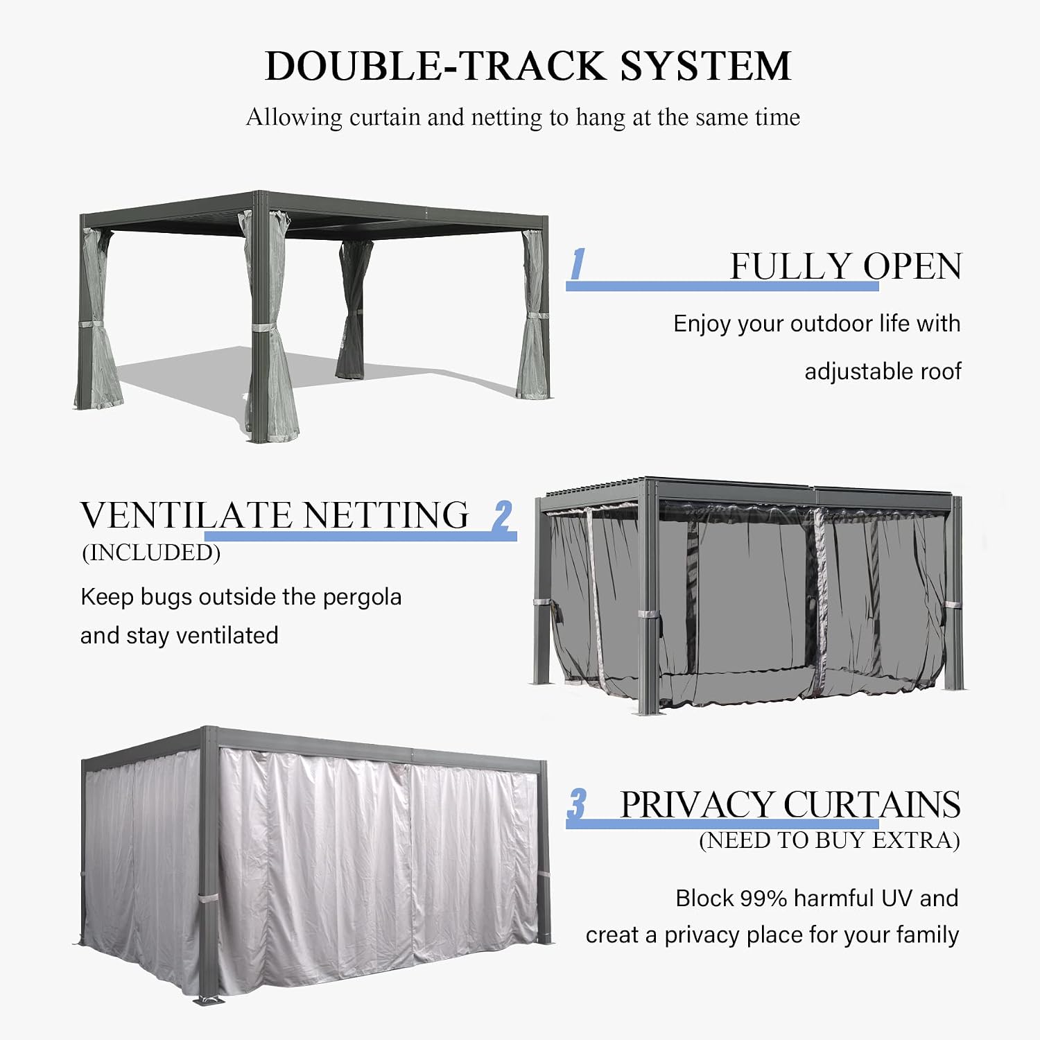 Domi 10' x 13' Louvered Pergola with Adjustable Rainproof Roof, Outdoor Aluminum Frame Hardtop Gazebo for Backyard, Garden and Lawn w/Netting (Dark Gray)