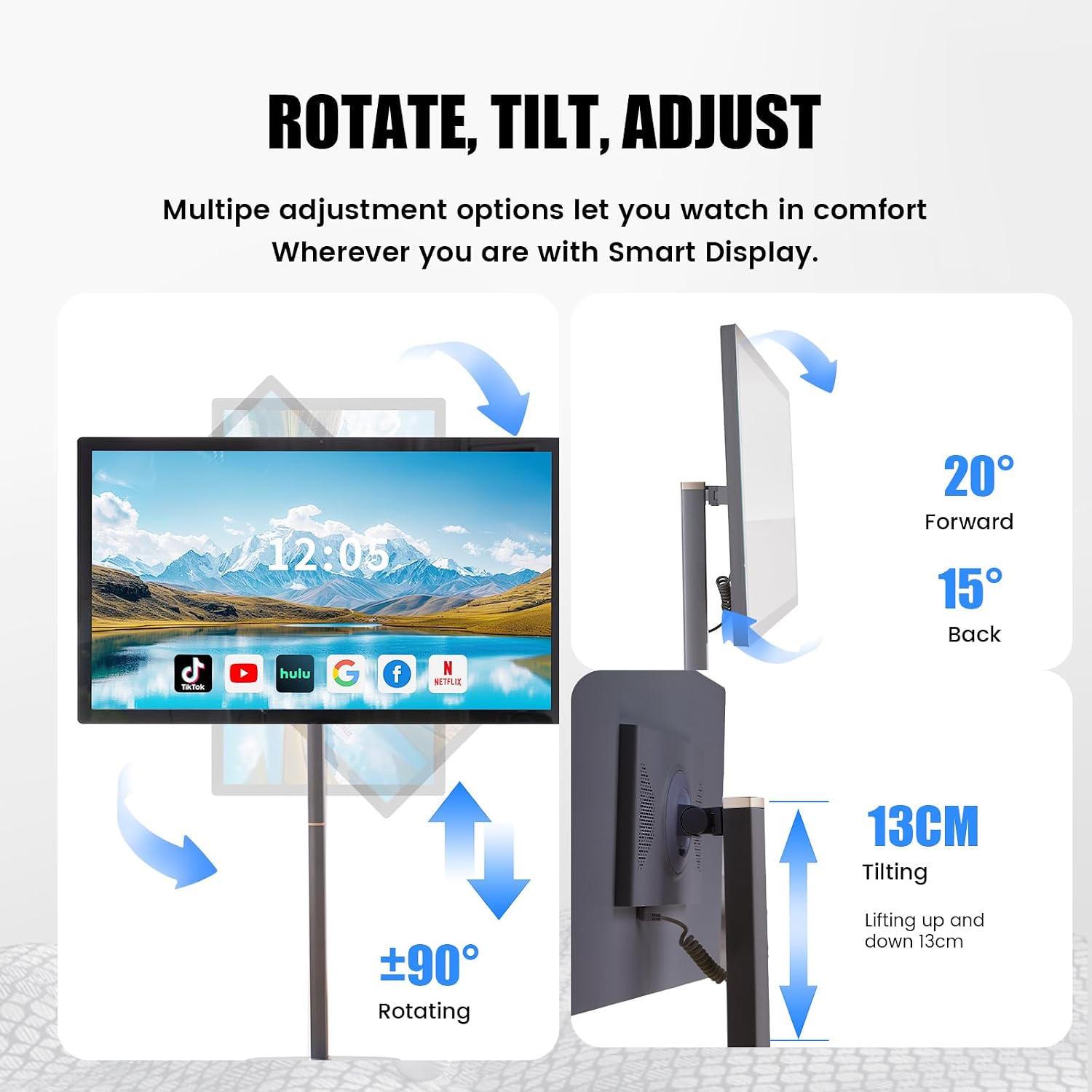 32 Inch Smart Portable TV on Wheels,FHD Touch-Screen-Monitor,Wireless RollableTV, 8G RAM,128G Storage,Built-in 6-8H Battery,Android 14,Full Swivel Rotation,Remote Control (Grey)