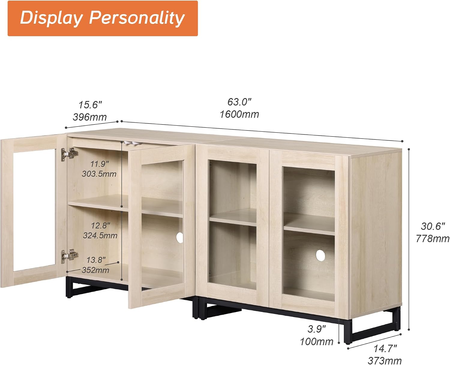 WAMPAT Modern TV Stand with Glass Doors for 40-70 inch TVs, 2 in 1 Entertainment Center Console with Adjustable Shelves and Metal Base for Living Room, Bedroom, Beige