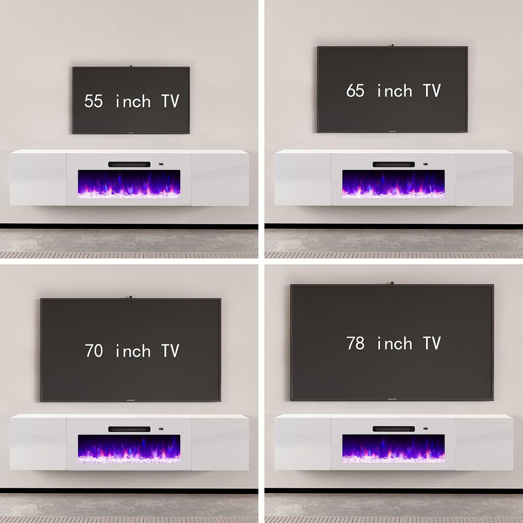 AMERLIFE Floating TV Stand with 36' Electric Fireplace, High Gloss Finish Wall Mounted Fireplace Entertainment Center with Storage for TVs Up to 78', All White