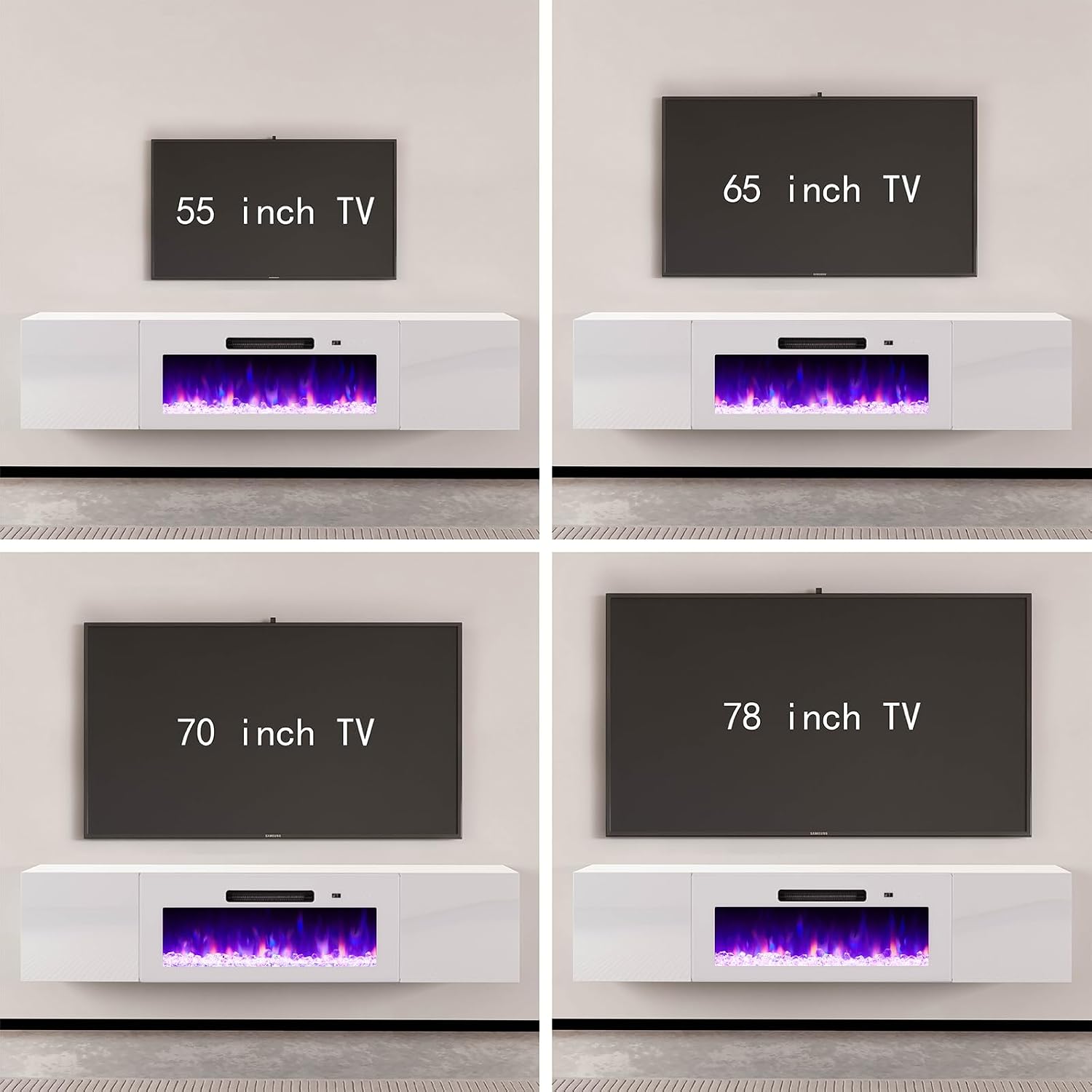 AMERLIFE Floating TV Stand with 36' Electric Fireplace, High Gloss Finish Wall Mounted Fireplace Entertainment Center with Storage for TVs Up to 78', All White