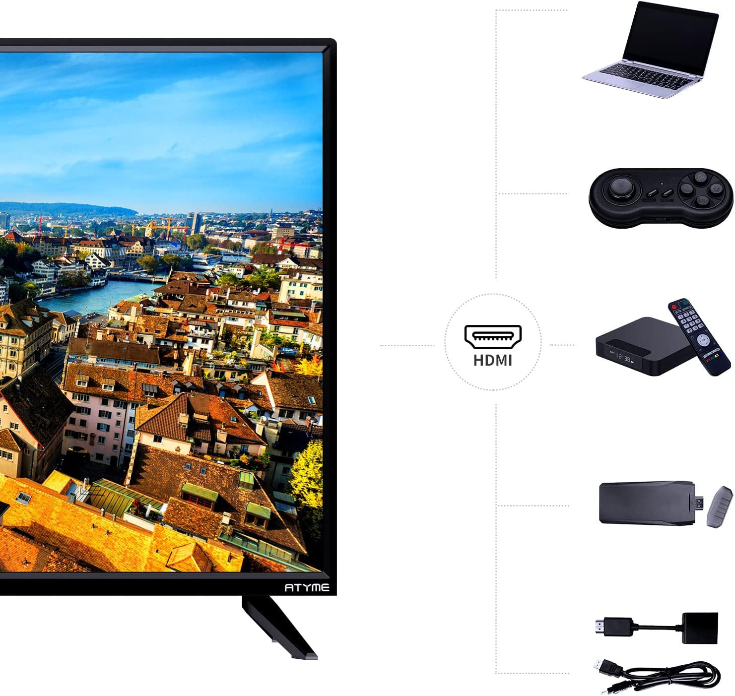 ATYME 32-inch Class 60Hz 720p HD LED TV Flat Screen 1*USB 3* HDMI 1*VGA ARC Dual Channel 8W Speakers Monitor Television Non-Smart Television 320GM5HD