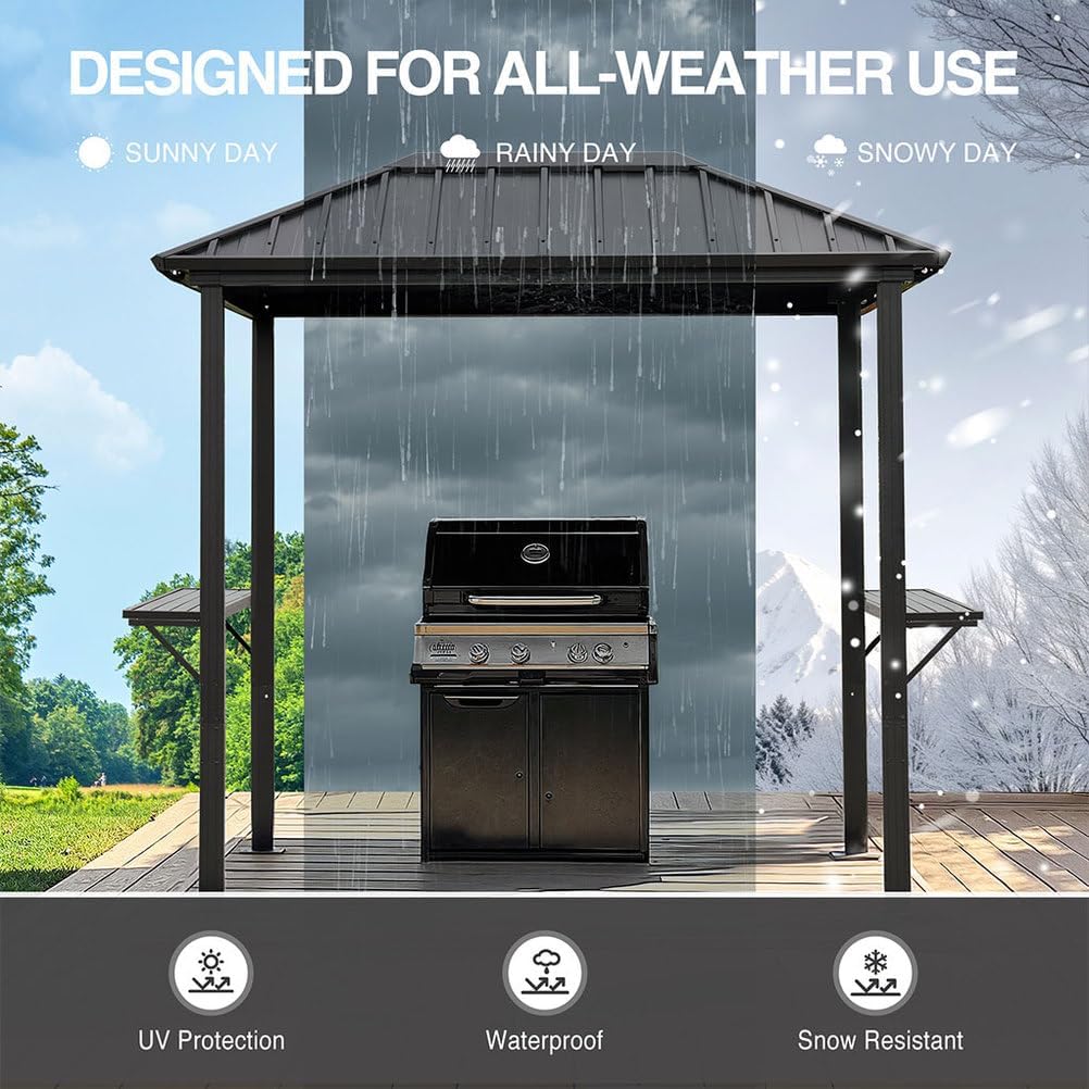 5'x8' Grill Gazebo,Outdoor Metal Hardtop BBQ Gazebo with Sturdy Aluminum Frame & Shelves - Outdoor BBQ Canopy Shelter for Patio, Backyard, Lawn, Garden