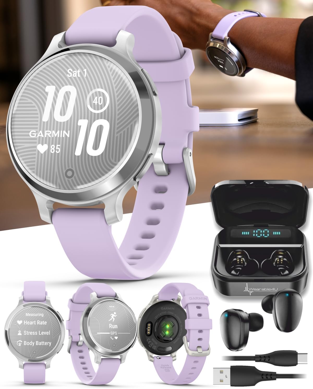 Garmin Lily 2 Active, Silver with Purple Jasmine Silicone Band, Smartwatch, Built-in GPS, Hidden Display, Patterned Lens, Up to 9 Days Battery Life w Black Earbuds Bundle