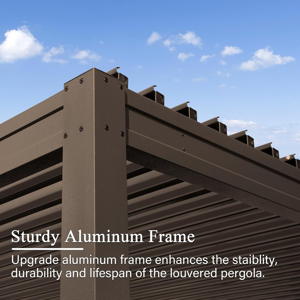 Domi Outdoor Pergola 10x16FT with Adjustable Steel Roof, Louvered Pergola Aluminum Frame for Backyard, Garden and Lawn,Brown