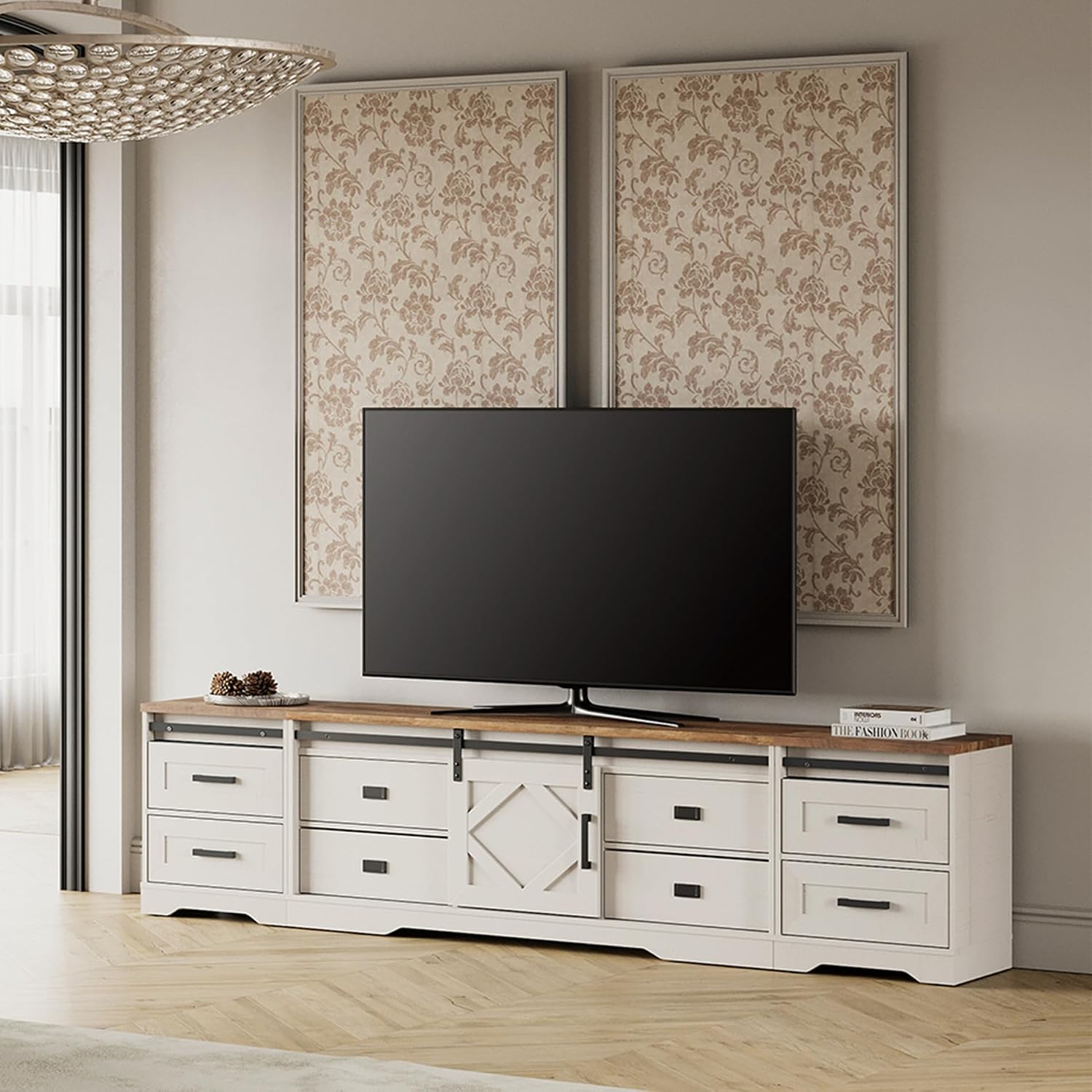 WAMPAT 3-in-1 Modern Farmhouse TV Stand for TVs up to 110',Large Wood Entertainment Center with 4 Drawers and Sliding Barn Door Cabinet for Living Room,Wood Grain Purposeful Distressing,Antique White