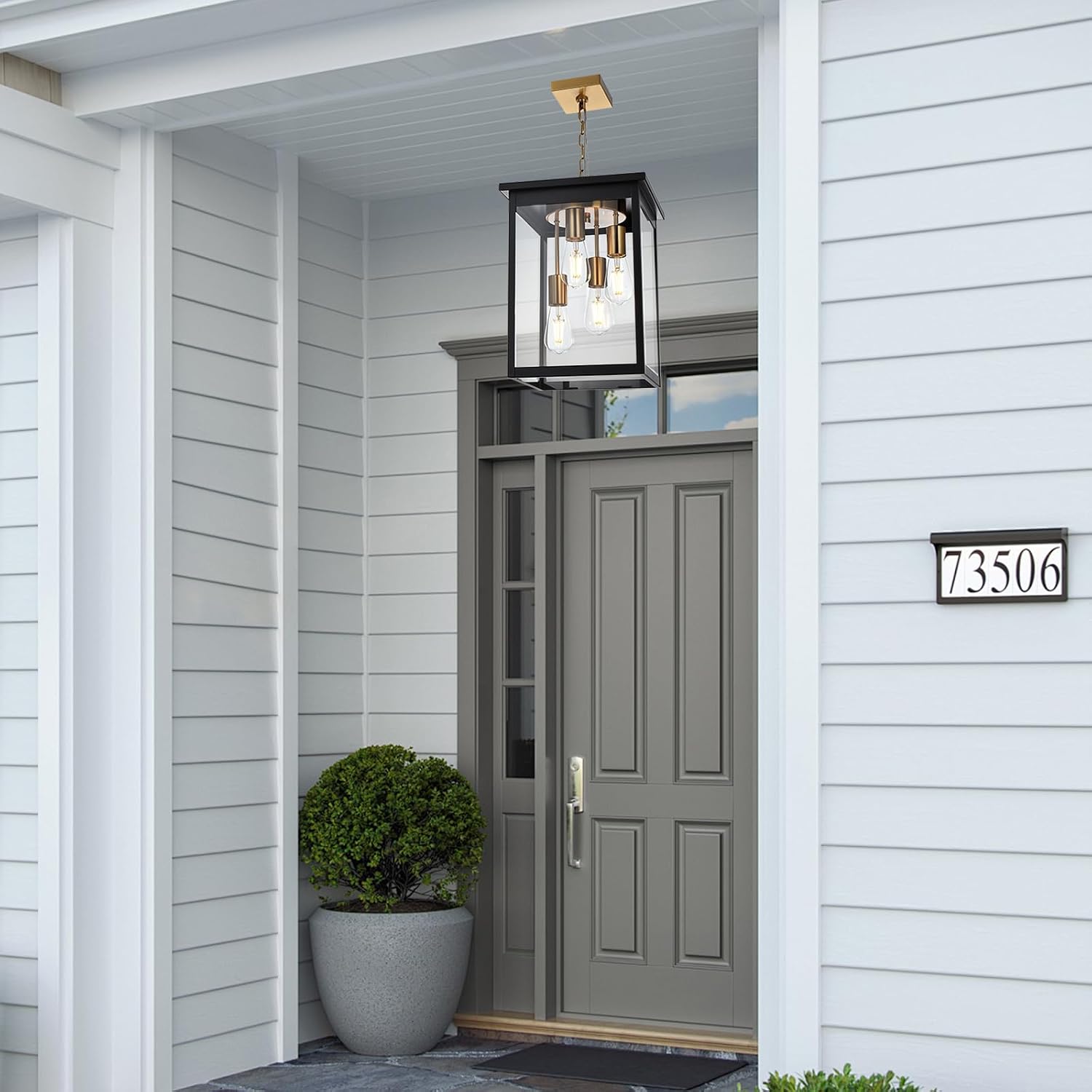 16.7'' Large Outdoor Pendant Light, 4-Lights Black and Brushed Brass Exterior Hanging Porch Chandelier Lantern with Clear Glass, Outdoor Ceiling Light Fixture for Entryway Gazebo Patio