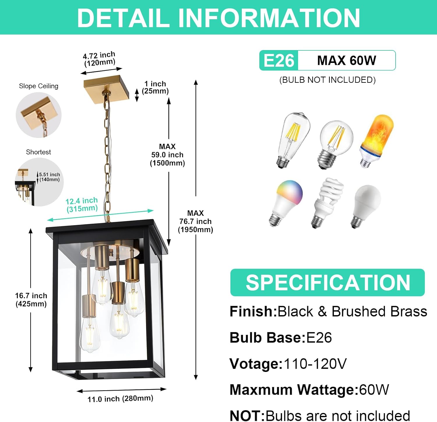 Yaohong Large Outdoor Pendant Light, 4-Lights Black and Brushed Brass Exterior Hanging Porch Chandelier Lantern with Clear Glass, Outdoor Ceiling Light Fixture for Entryway Gazebo Patio