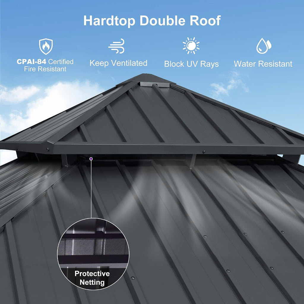 PURPLE LEAF 12'x12' Hardtop Gazebo with Lights Heavy-Duty Galvanized Steel Double Roof Outdoor Patio Gazebo Including Netting and Curtains for Garden Lawn Backyard Grey