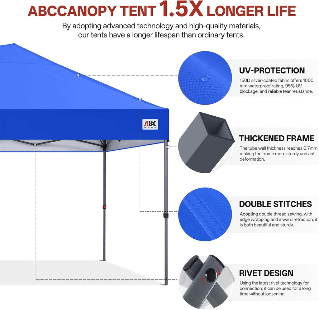 ABCCANOPY 10x20 Pop Up Canopy Tent, Easy Setup Instant Shelter with Wheeled Bag, Heavy Duty Outdoor Canopy for Beach, Market, Backyard, UV Protection, Outdoor Weather Protection (Royal Blue, 10x20)