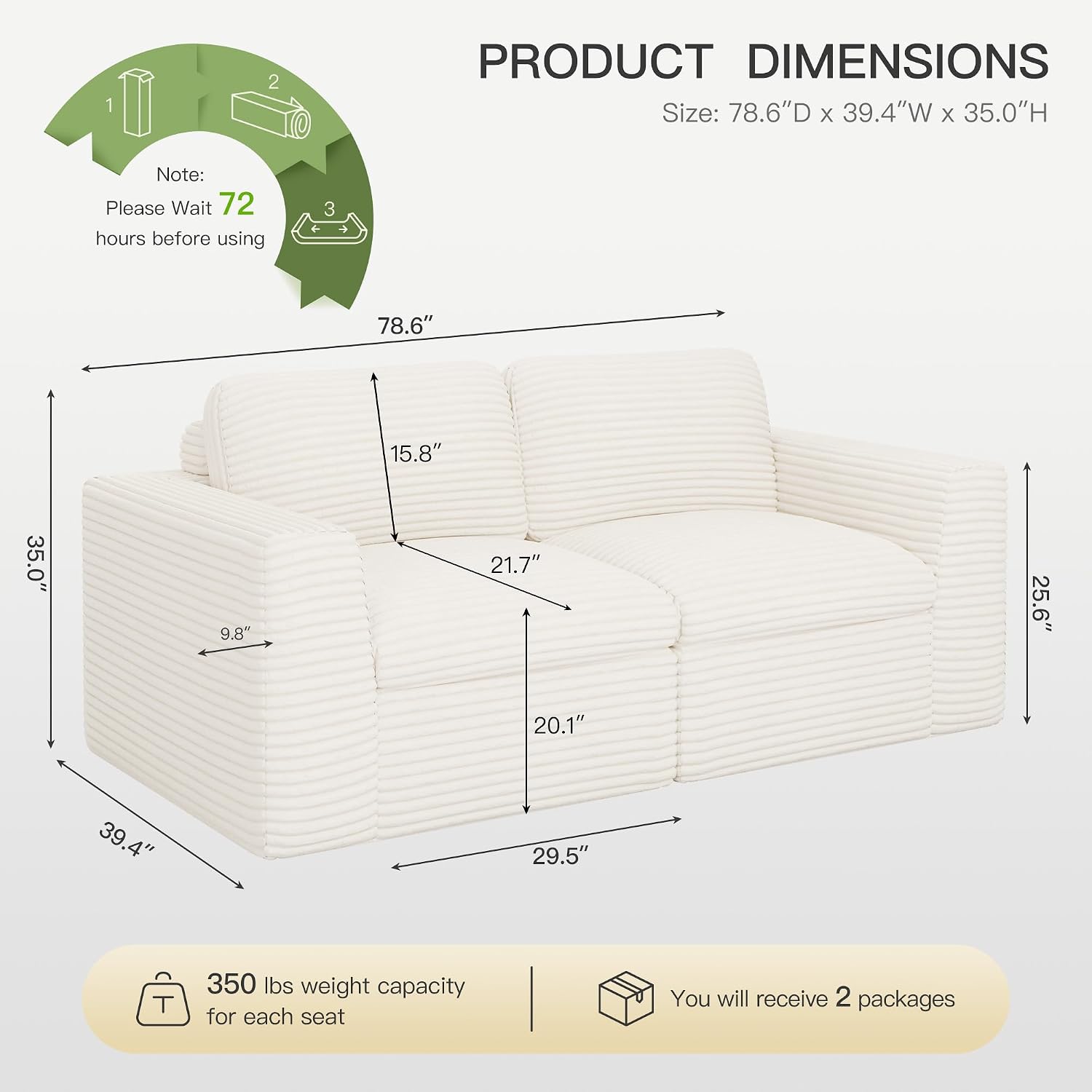 Boneless Loveseat Sofa Plush Corduroy Sectional Couch with Deep Seat Modular Cloud Sectional Couches for Living Room.Biege Sofa.