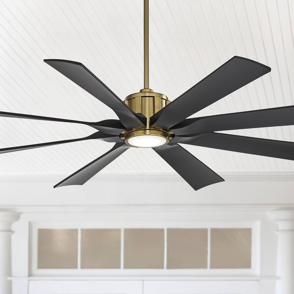 Possini Euro Design 60' Defender Modern Outdoor Ceiling Fan with LED Light Remote Control Soft Brass Matte Black Damp Rated for Patio Exterior House Home Porch Gazebo Garage Barn