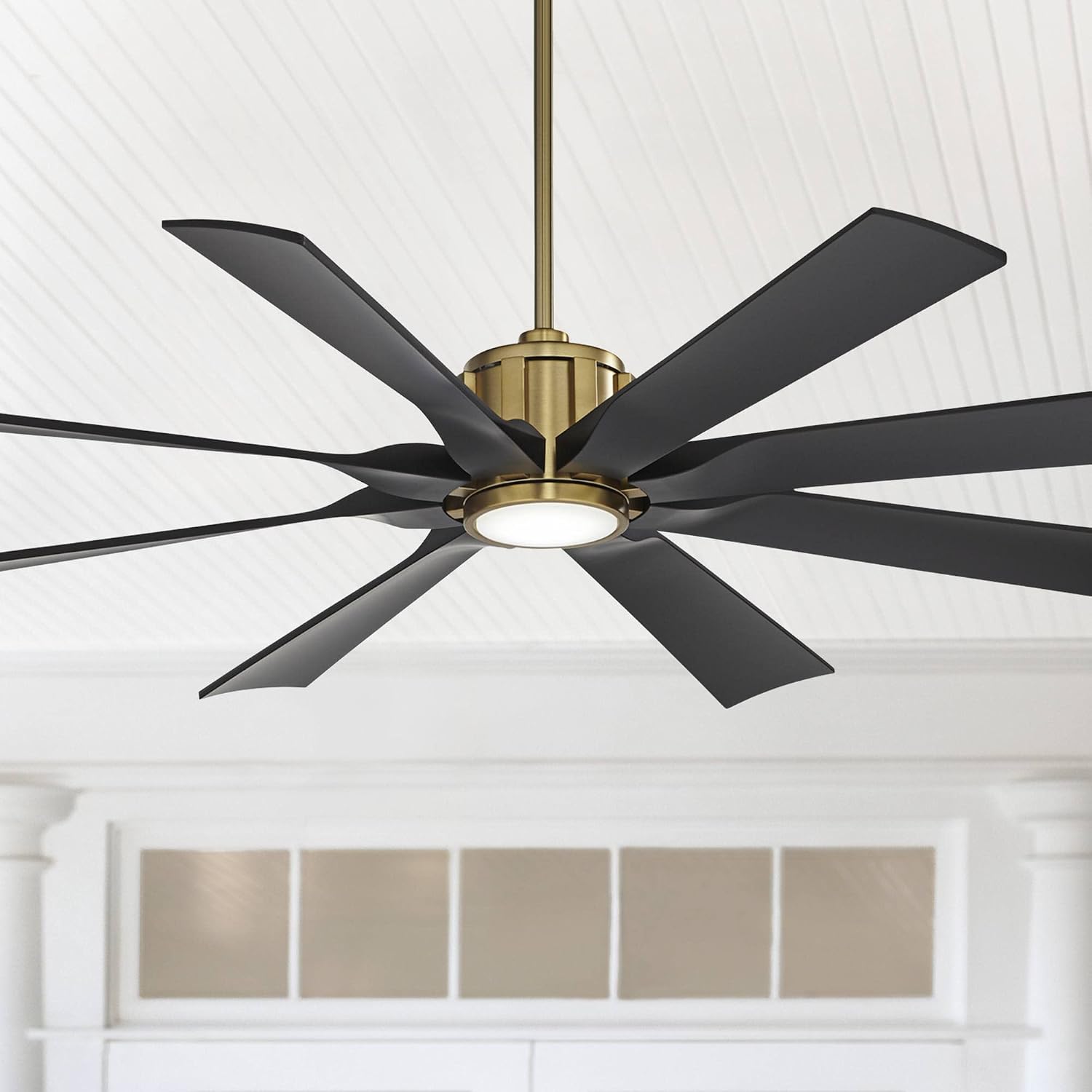 Possini Euro Design 60' Defender Modern Outdoor Ceiling Fan with LED Light Remote Control Soft Brass Matte Black Damp Rated for Patio Exterior House Home Porch Gazebo Garage Barn