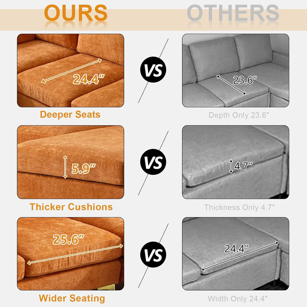 VINGLI 110' Sectional Couches for Living Room,U Shape Couch with Double Chaise, 4-Seat Sofa Set with Chenille Fabric for Home Furniture,Burnt Orange