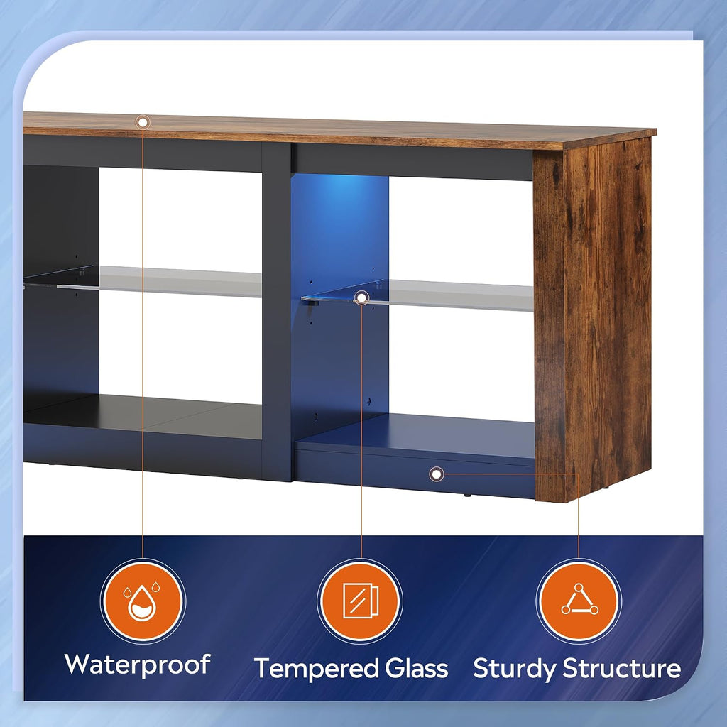 WLIVE Modern LED TV Stand for 65 70 Inch TV, 58' Entertainment Center with Adjustable Glass Shelves & RGB Lights, Wood Media Console Table for Living Room, Bedroom, Gaming Room, Rustic Brown