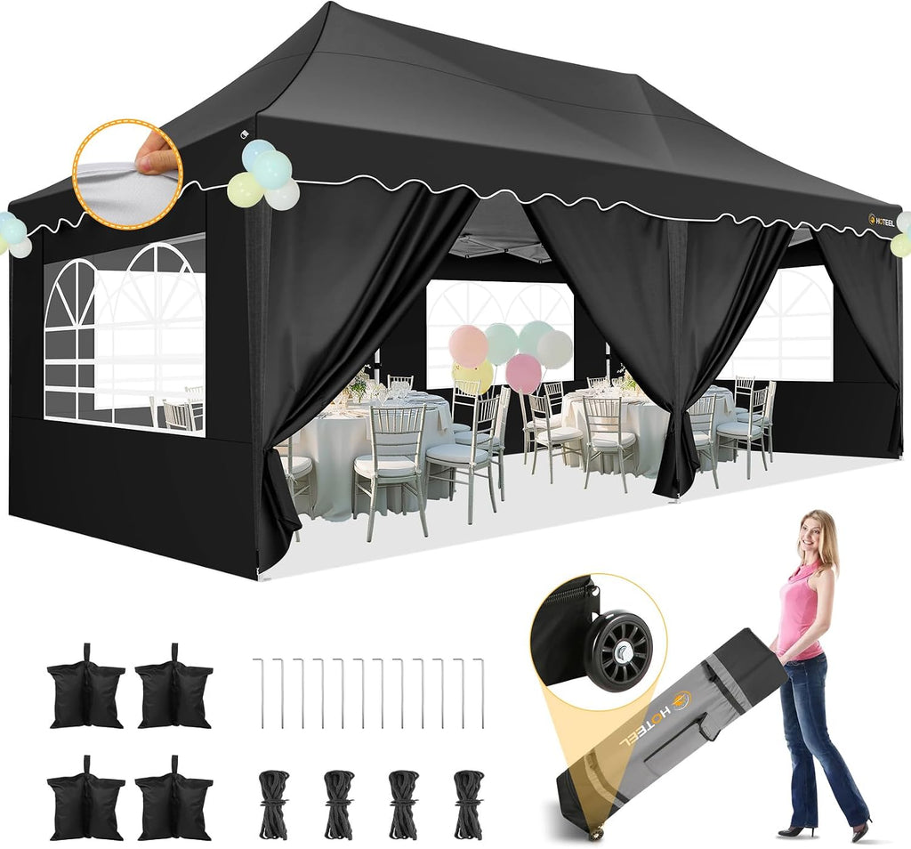 HOTEEL 10x20 Pop up Canopy Tent with 6 Removable Sidewalls, Wave Hem Roof 10x20 Canopy with Wheel Bag and 4 Sandbag, Commercial Pop up Tent Waterproof Sunshade for Market Wedding Party Stall (Black)