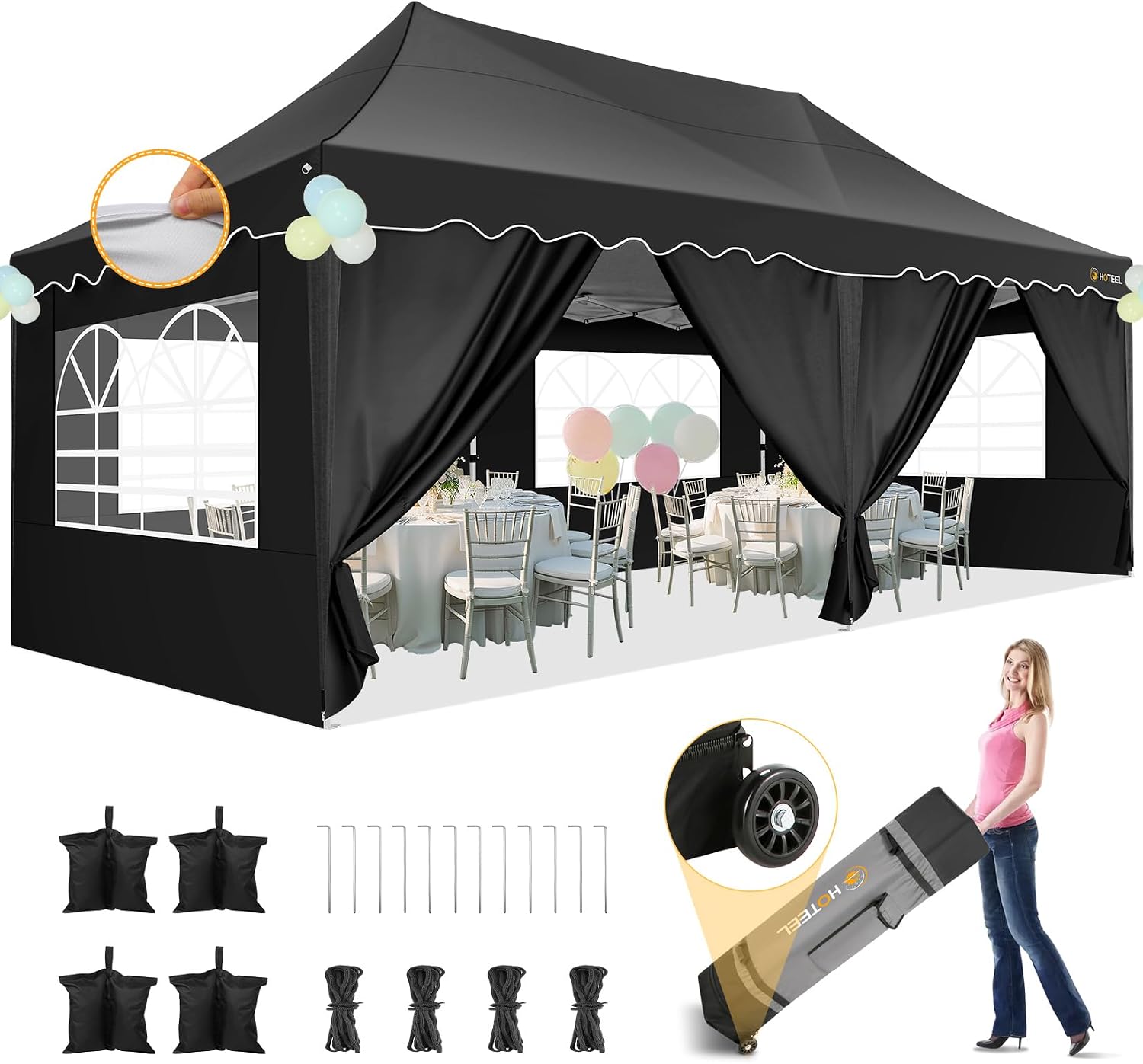 HOTEEL 10x20 Pop up Canopy Tent with 6 Removable Sidewalls, Wave Hem Roof 10x20 Canopy with Wheel Bag and 4 Sandbag, Commercial Pop up Tent Waterproof Sunshade for Market Wedding Party Stall (Black)