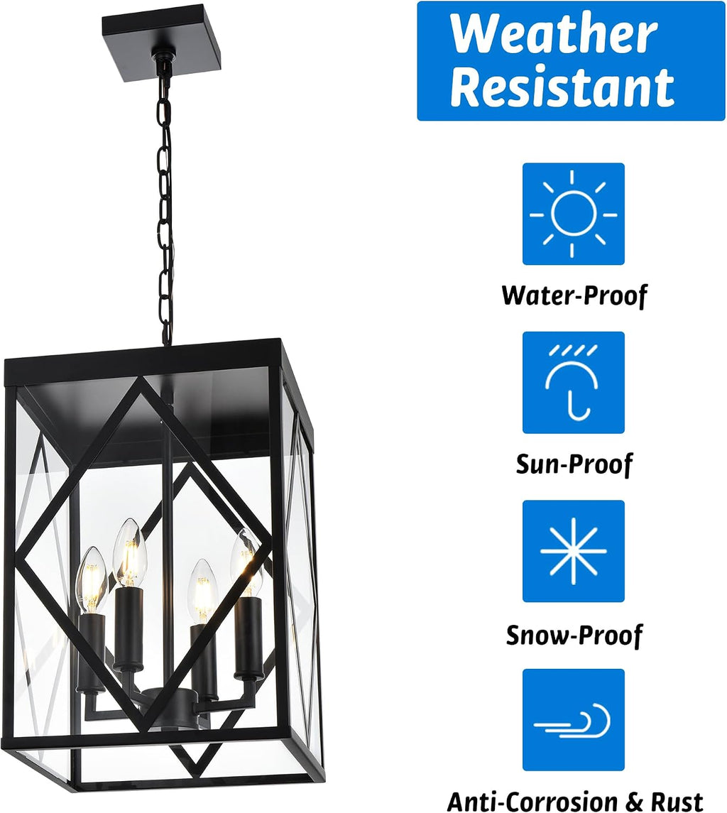 Outdoor Pendant Light 4 Lights Modern Outside Chandelier Outdoor Hanging Lantern Light with Clear Glass, Matte Black Exterior Pendant Lighting Fixture for Porch, Yard, Gazebo