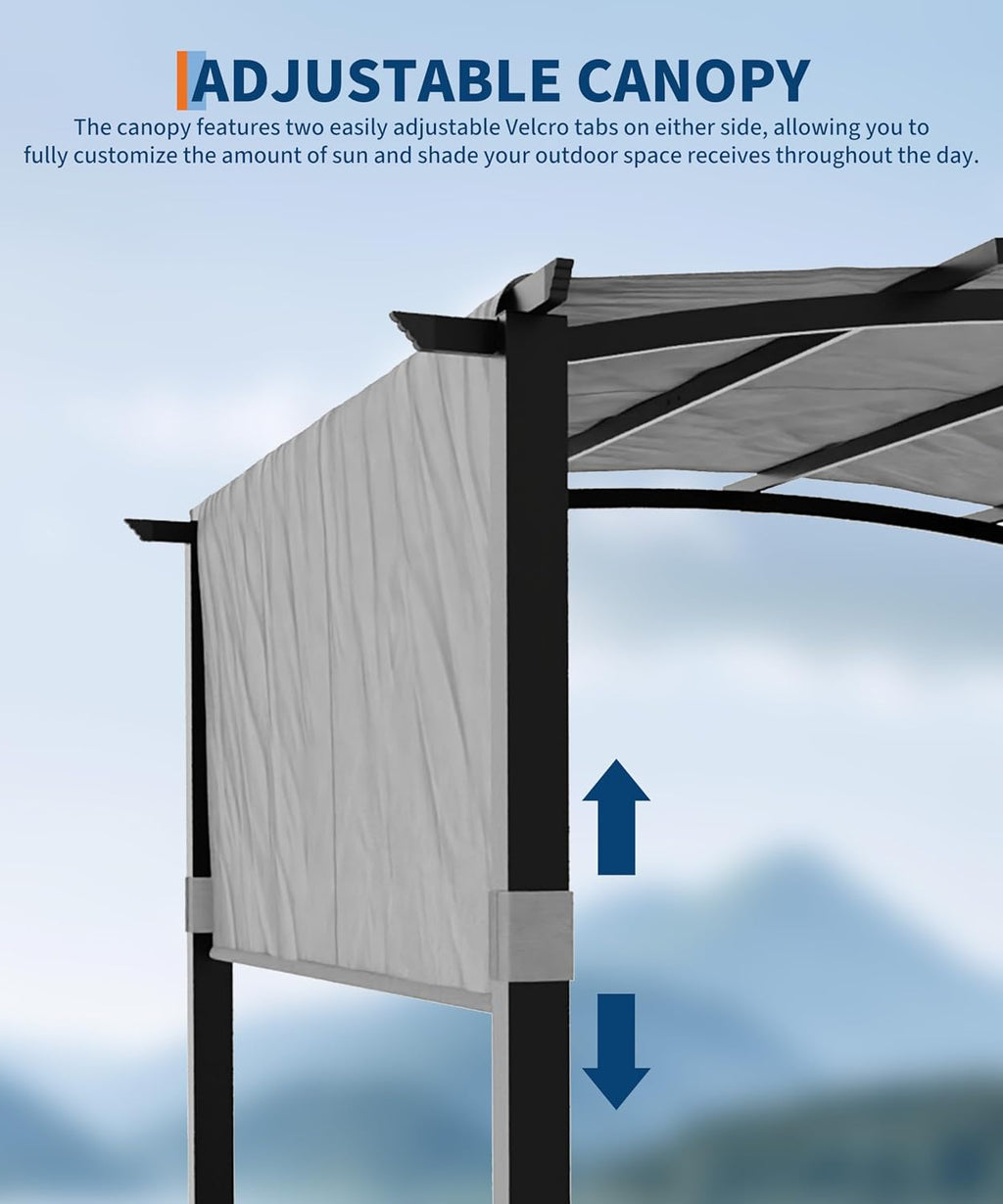 GarveeLife 10 ft x 10 ft Outdoor Arched Pergola, Metal Gazebo with Retractable Sun Shade for Backyards, Lawn, Patios (Grey)