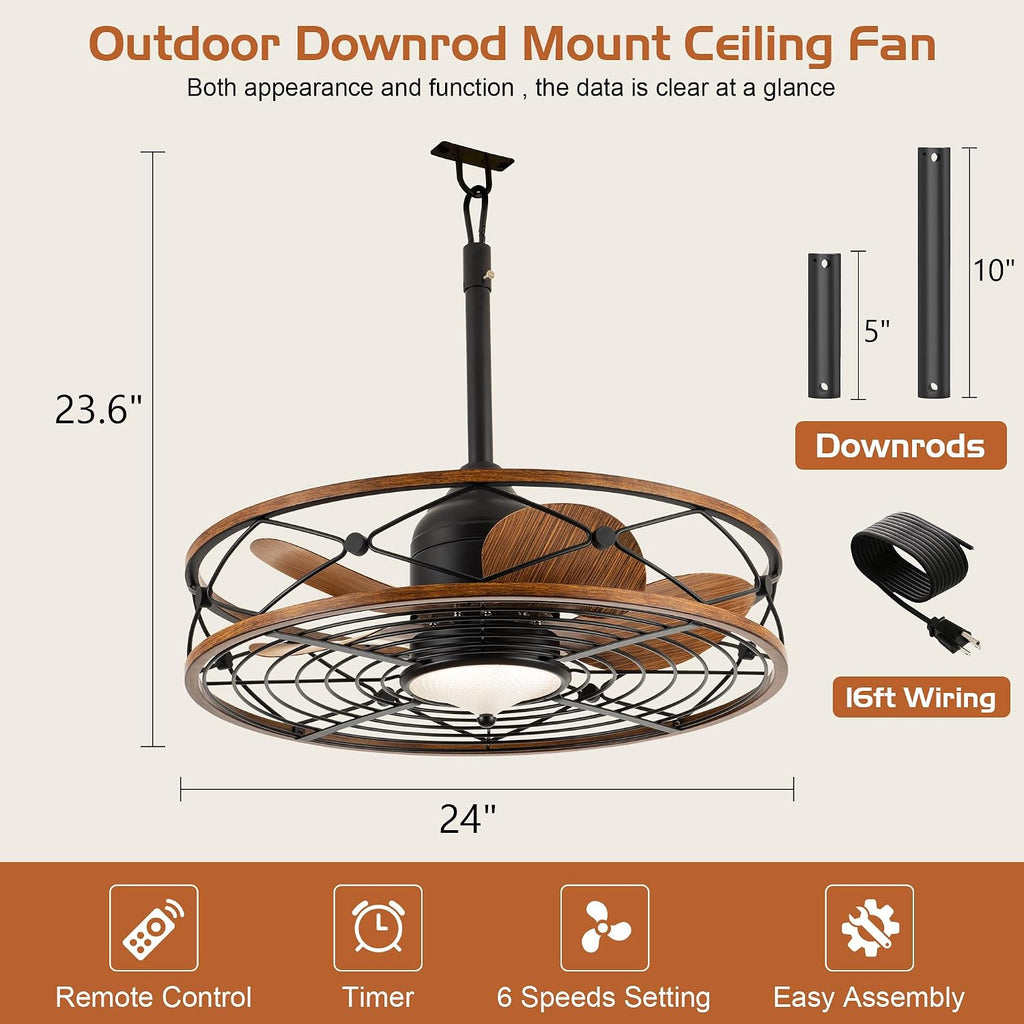 TIFEROR Outdoor Ceiling Fan with Light and Remote Control, 24 'Wet Rated Ceiling Fan with Remote and Light Kit for Gazebo, Porch and Patio