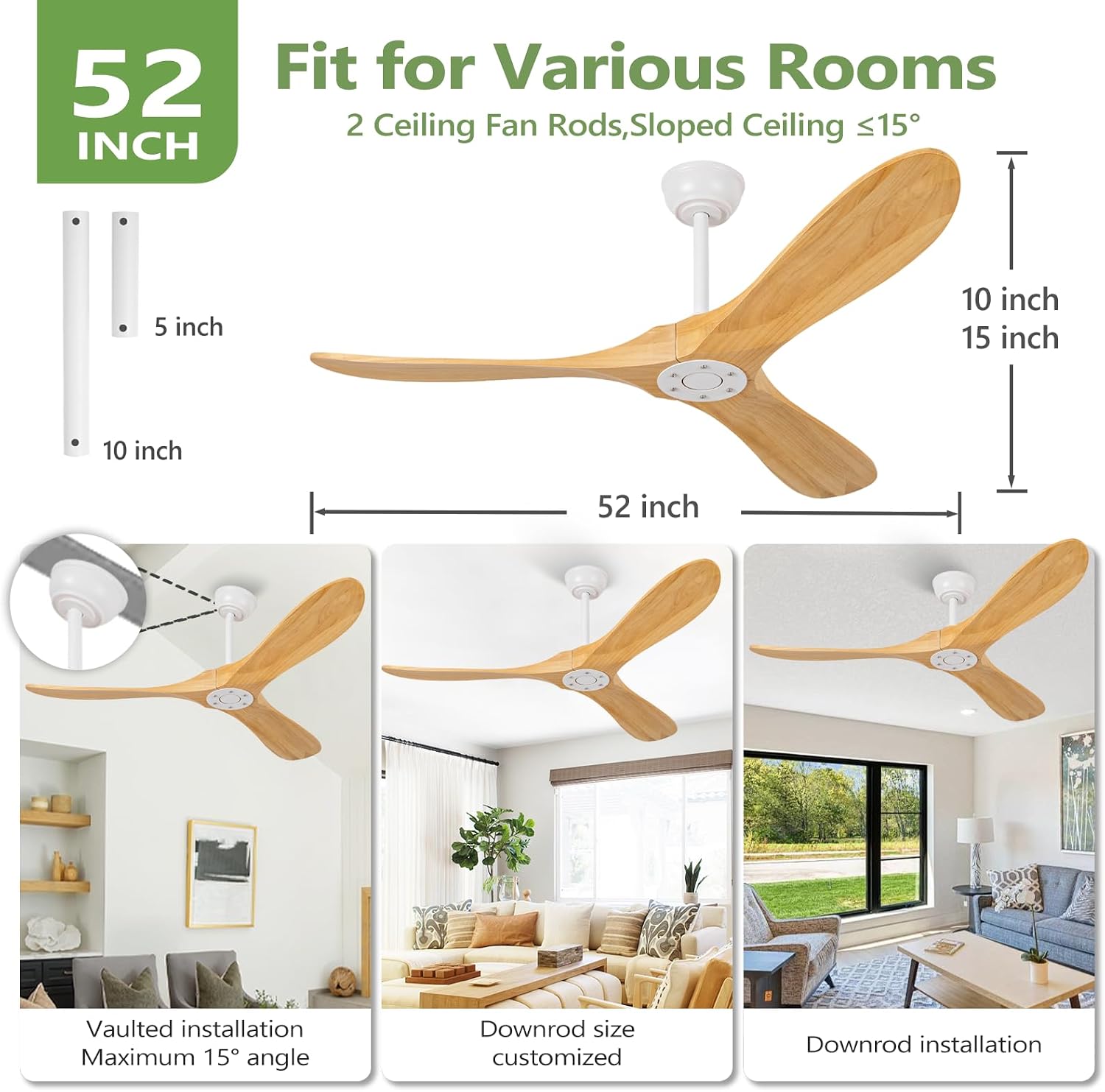 52 Inch Natural Wood Ceiling Fan No Light,Propeller Outdoor Ceiling Fans Without Lights with Wall Switch and Remote Control,Quiet DC Motor,3 Blades Ceiling Fan for Patios,Pavilion,Solid Wood