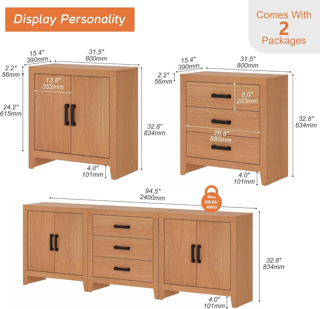 WAMPAT TV Stand for TVs up to 85 Inch, 3-Piece Modular Entertainment Center with Drawers and Doors, Farmhouse Media Console for Living Room, Bedroom, Home Theater, Mocha