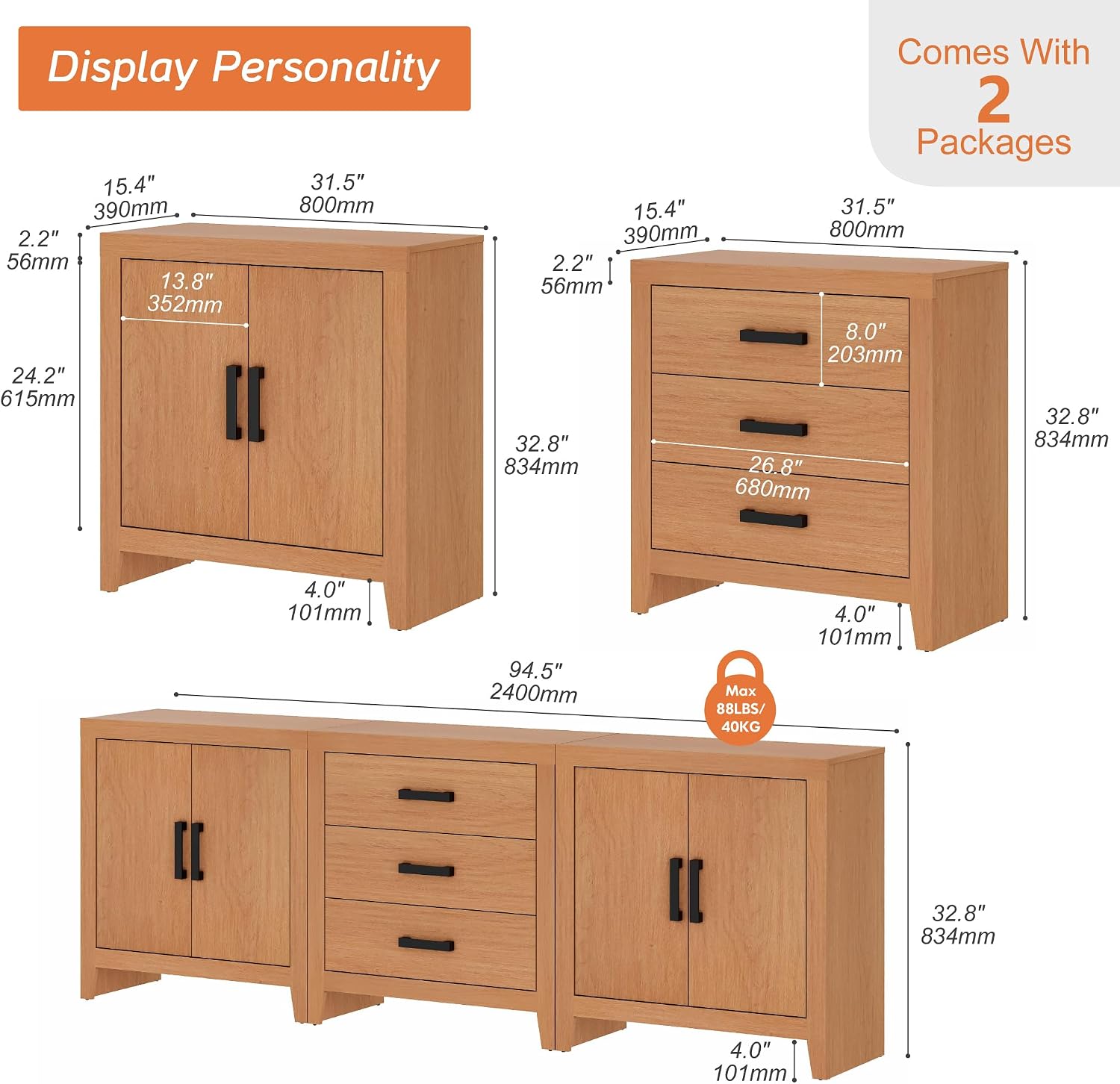 WAMPAT TV Stand for TVs up to 85 Inch, 3-Piece Modular Entertainment Center with Drawers and Doors, Farmhouse Media Console for Living Room, Bedroom, Home Theater, Mocha