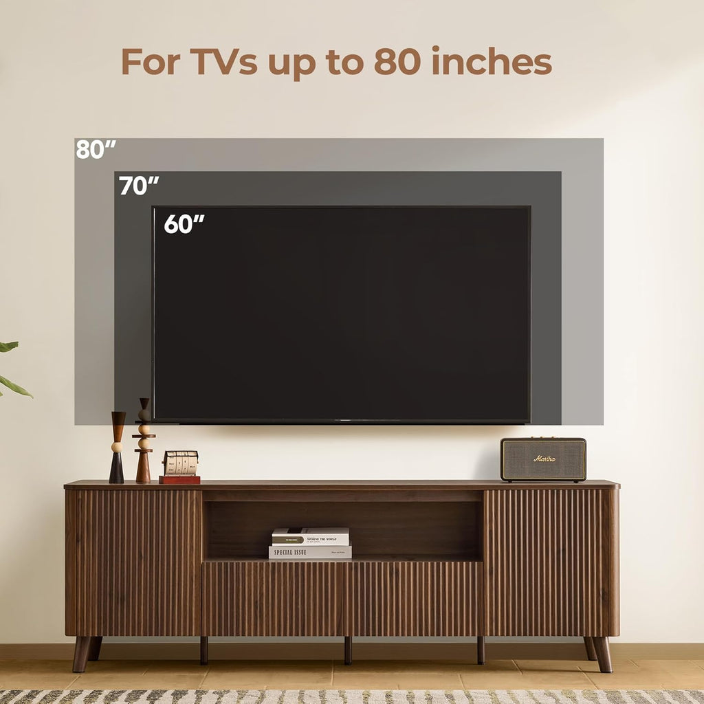 CHITA TV Stands for Living Room, Mid Century Modern TV Stand for 80 inch TV with Storage, Drawers, Adjustable Shelves, Walnut