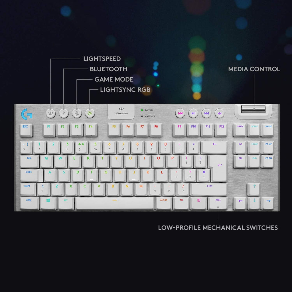 Logitech G815 LIGHTSYNC RGB Mechanical Gaming Keyboard with Low Profile GL Tactile Key Switch, 5 programmable G-Keys,USB Passthrough, Dedicated Media Control, Black and White colorways (Renewed)