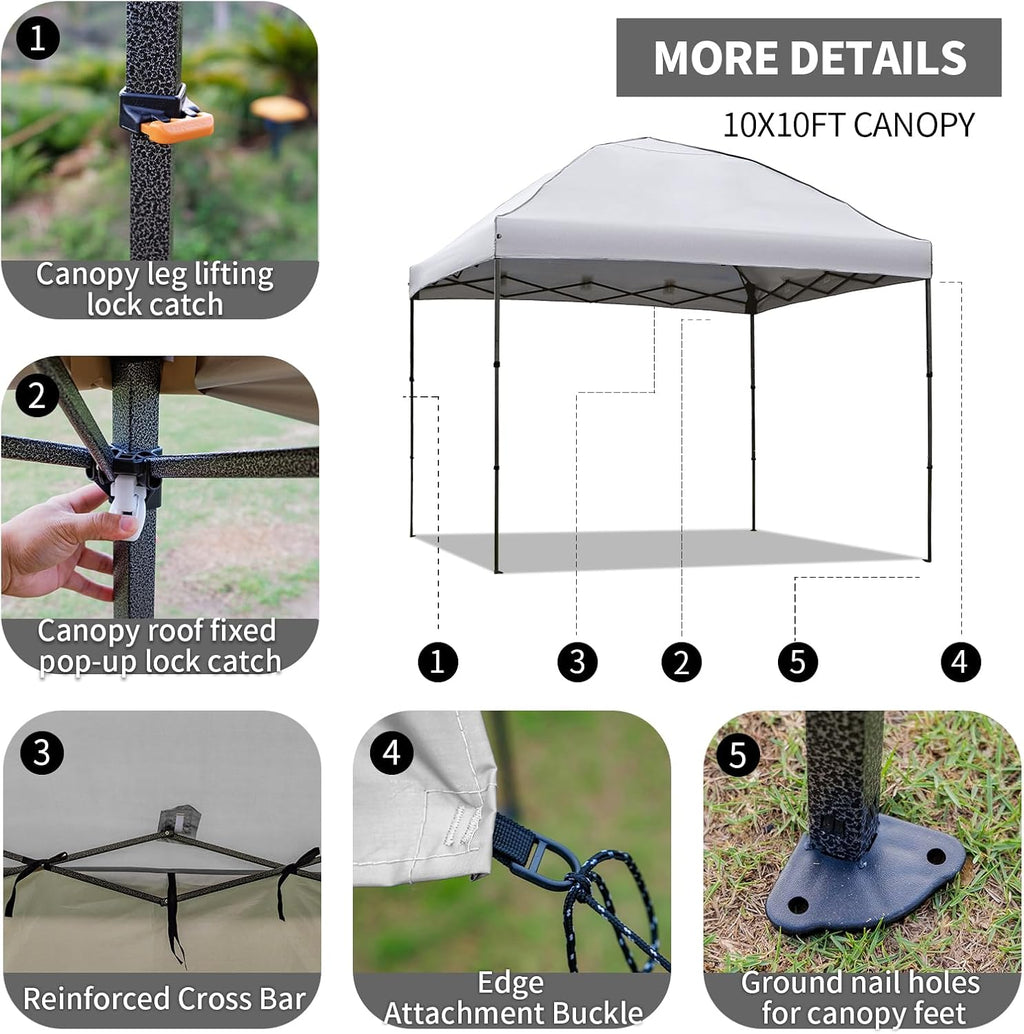 10x10 Pop Up Canopy Tent with 2 Sidewalls, Easy Up Canopy Outdoor Party Sun Shade Tent Portable Gazebo for Beach Camping Events with Carry Bag and 4 Sand Bags