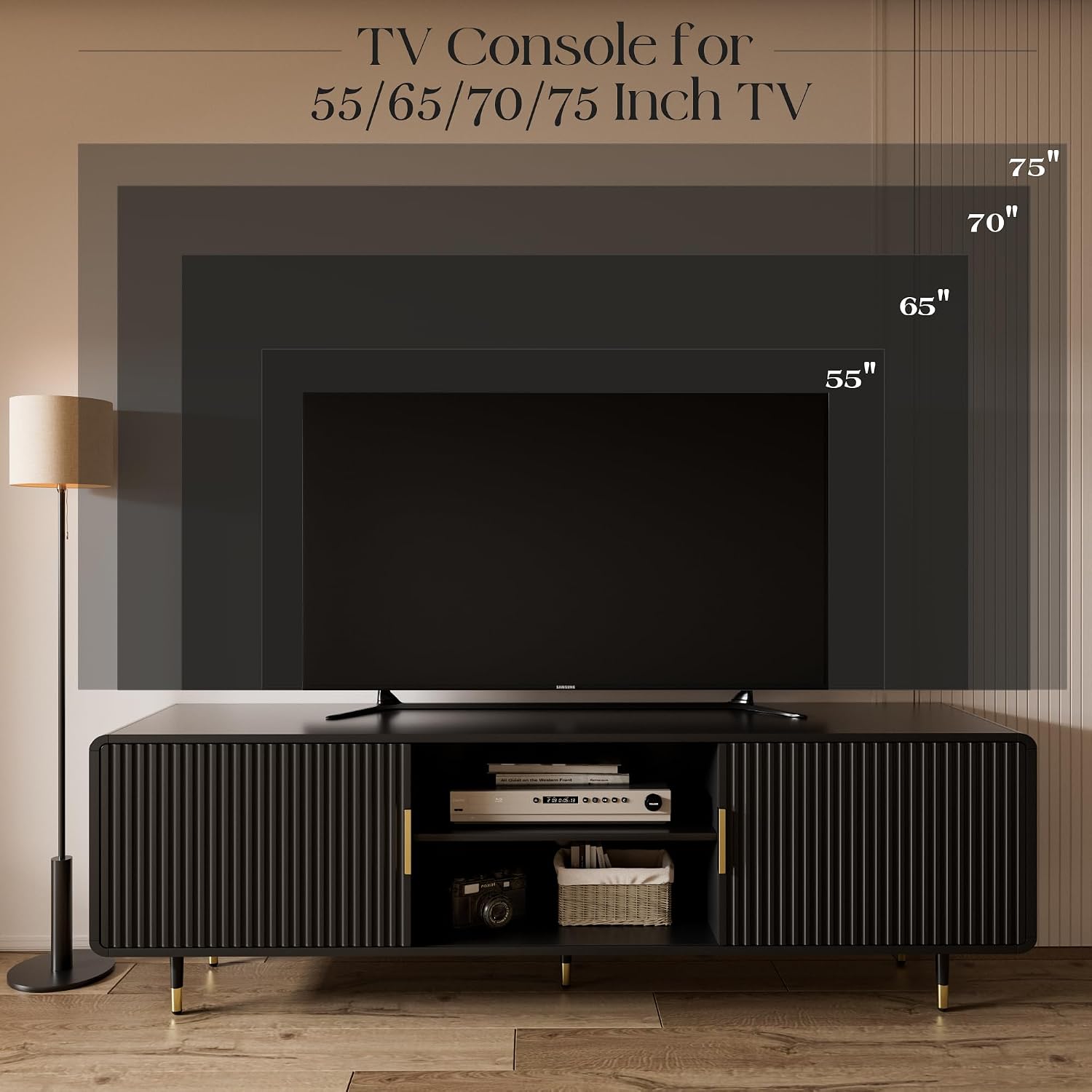 SYESWAY TV Stand for 65 Inch TV, Fluted TV Stand with Curved Profile, Modern Entertainment Center TV Console Table with Sliding Doors & Adjustable Shelves, TV Stands for Living Room Bedroom, Black