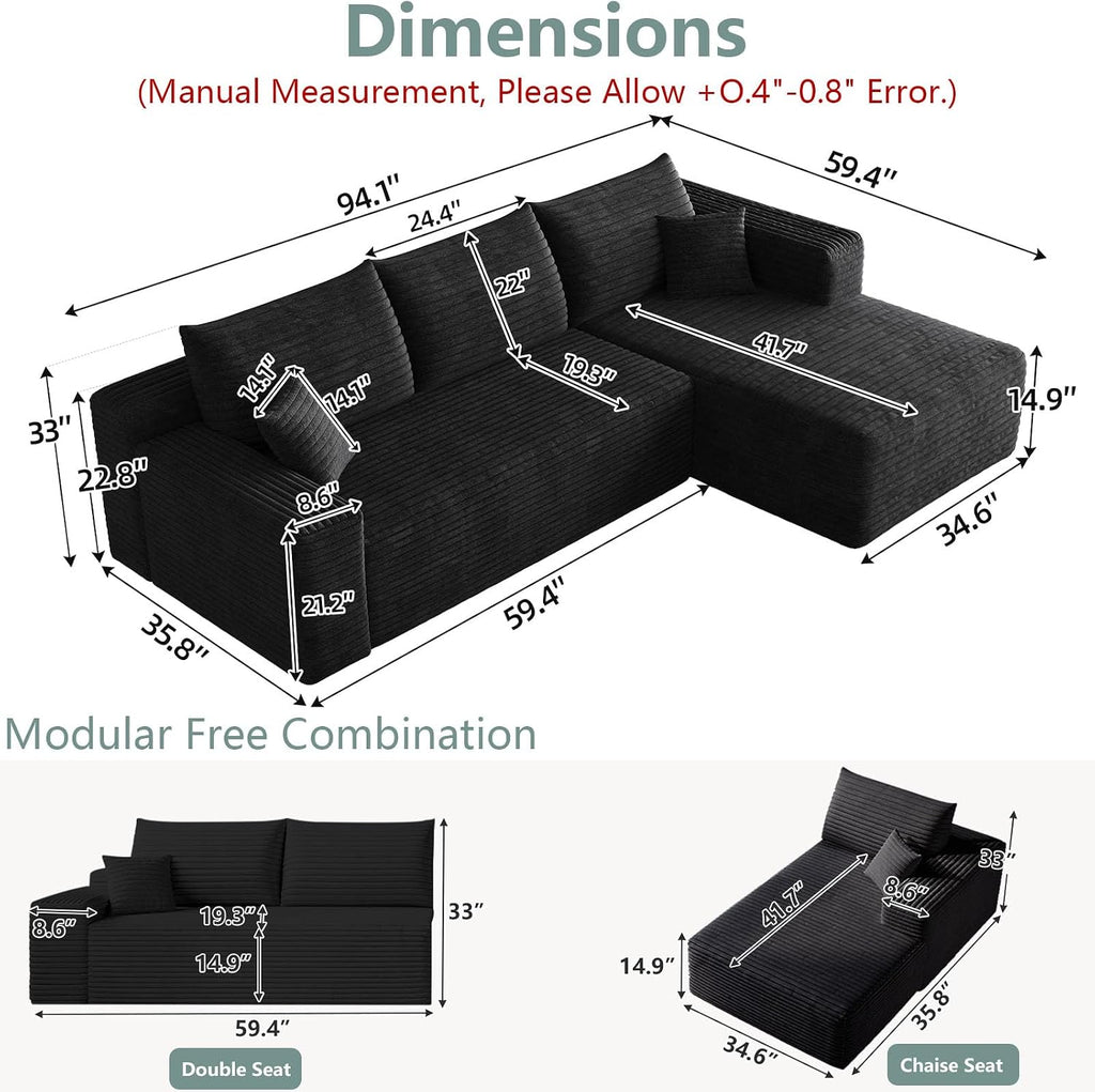 95' Modular Sectional Sofa, Modern Corduroy Cloud Couch with Side Pockets, Boneless Couch Upholstered 3-Seater L-Shaped Sofa for Living Room, No Assembly Required (Black,Right-Facing Chaise)