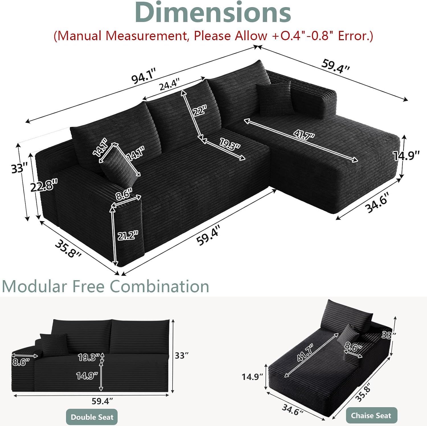 95' Modular Sectional Sofa, Modern Corduroy Cloud Couch with Side Pockets, Boneless Couch Upholstered 3-Seater L-Shaped Sofa for Living Room, No Assembly Required (Black,Right-Facing Chaise)