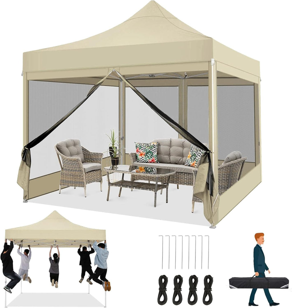 COBIZI 10x10 Heavy Duty Pop Up Canopy Tent with 4 Sidewalls, Easy Set Up Outdoor Waterproof Screen Commercial Party Tent with Mosquito Netting for Parties Backyard Patio, Carry Bag, Khaki