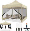 COBIZI 10x10 Heavy Duty Pop Up Canopy Tent with 4 Sidewalls, Easy Set Up Outdoor Waterproof Screen Commercial Party Tent with Mosquito Netting for Parties Backyard Patio, Carry Bag, Khaki