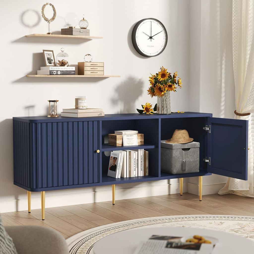 ARTPOWER 55' Fluted TV Stand, Mid Century Modern Blue TV Stand for 55/60/65 inch TV, Entertainment Center with Storage, Television Stands, TV Console, Media Console for Living Room, Bedroom (Blue)