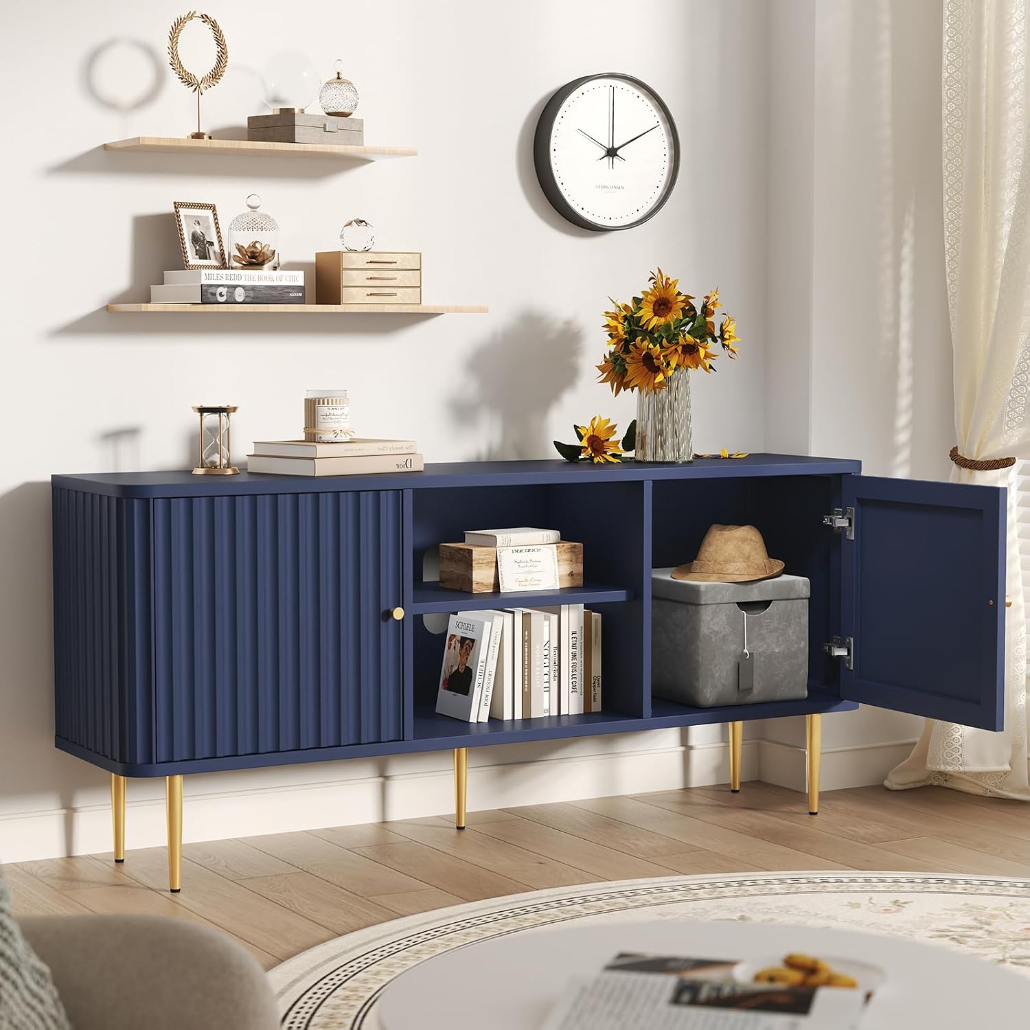 ARTPOWER 55' Fluted TV Stand, Mid Century Modern Blue TV Stand for 55/60/65 inch TV, Entertainment Center with Storage, Television Stands, TV Console, Media Console for Living Room, Bedroom (Blue)