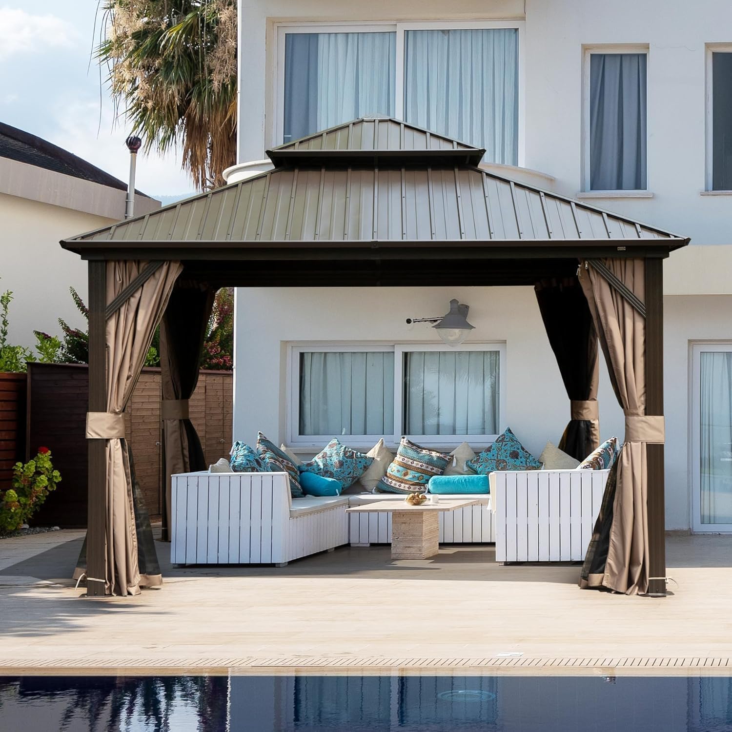 Domi 8x8FT Hardtop Gazebos, Aluminum Metal Gazebo with Galvanized Steel Double Roof Canopy, Curtain and Netting, Permanent Gazebo Pavilion for Patio, Backyard, Deck and Lawn, Brown