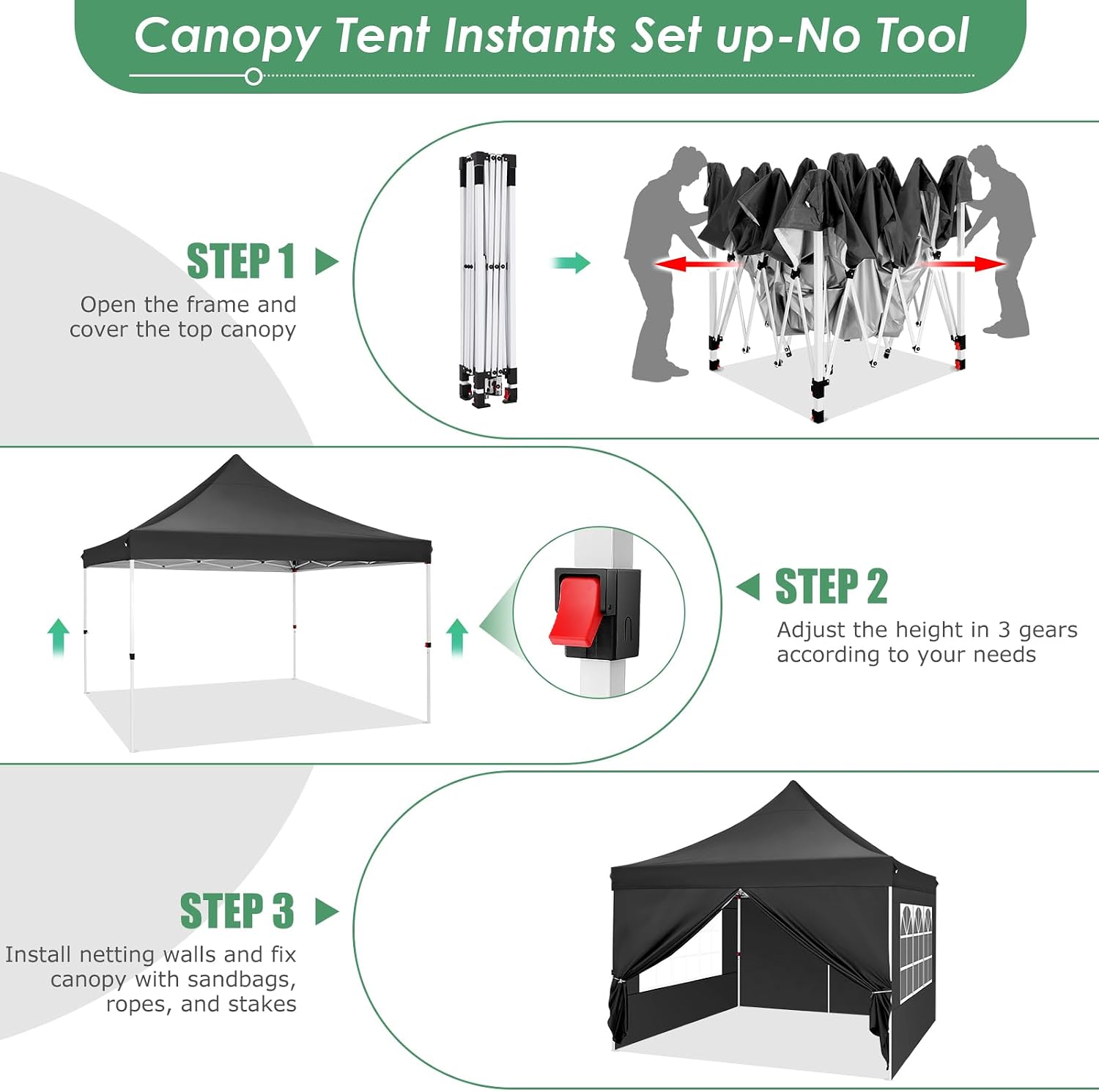 COBIZI Canopy 10x10 Pop Up Canopy Tent with 4 Sidewalls, Commercial Party Tent Ez Waterproof Outdoor Instant Gazebo UV 50+ Event Shelter, Garden Tents for Parties Camping with Sandbags, Black