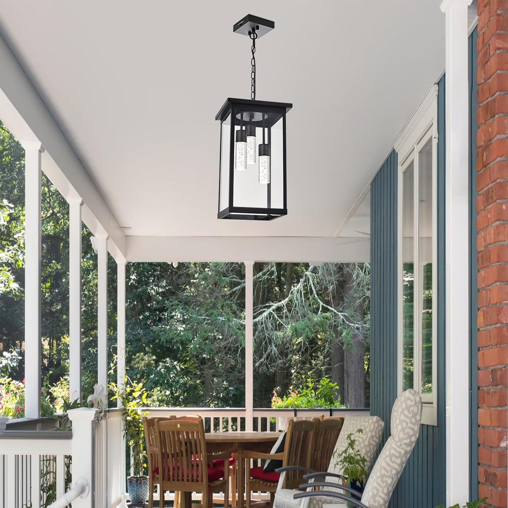 Yaohong 17' Large 5CCT LED Outdoor Pendant Light, 3-Lights Modern Black Hanging Ceiling Fixture with Acrylic Column & Clear Glass, Weatherproof Chandelier for Porch Gazebo Patio Entryway
