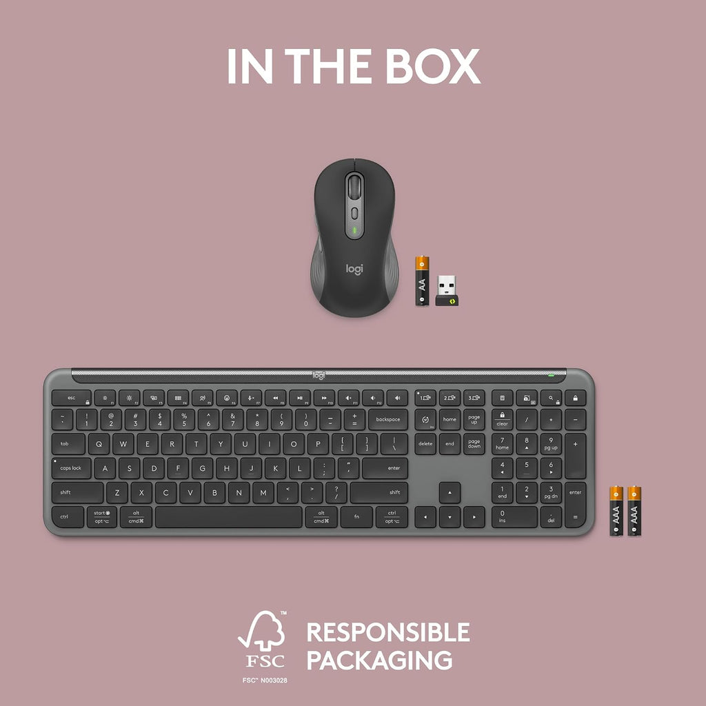 Logitech MK955 Signature Slim Wireless Keyboard and Mouse Combo, for Larger Hands, Quiet Typing and Clicking, Switch Across Three Devices, Bluetooth, Multi-OS, for Windows and Mac