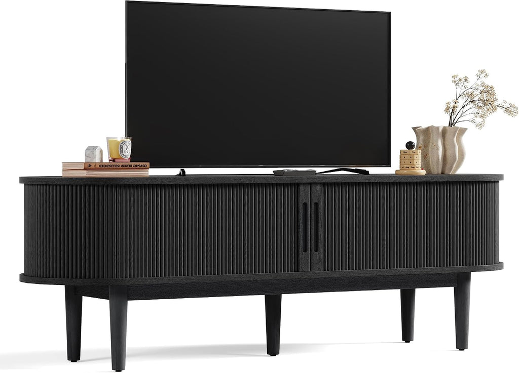 LINSY HOME Fluted TV Stand for 65' TV, Mid-Century Modern Wood Entertainment Center with Sliding Tambour Door and Storage Cabinet, Boho TV Media Console Table for Living Room, Bedroom, Black