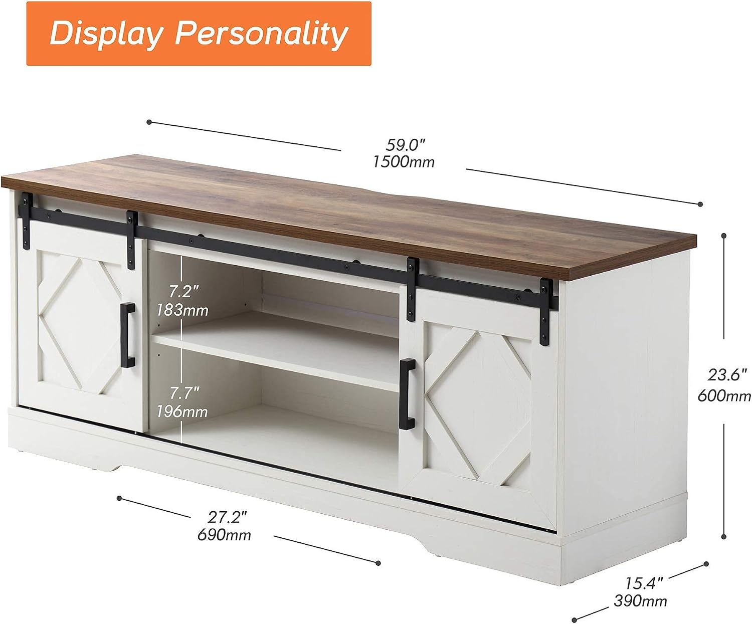 WAMPAT Modern Farmhouse TV Stand for TVs up to 65' with Sliding Barn Doors, 23.6' H Wood Entertainment Center with Adjustable Media Storage Shelf for Living Room, Antique White