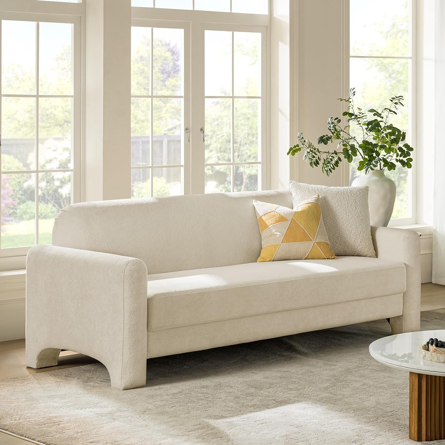 HULALA HOME 84' Modern Curved Sofa, Comfy Chenille Couch with Wrapped Armrests, 3 Seater Sofa for Living Room, Easy to Assemble, Ivory