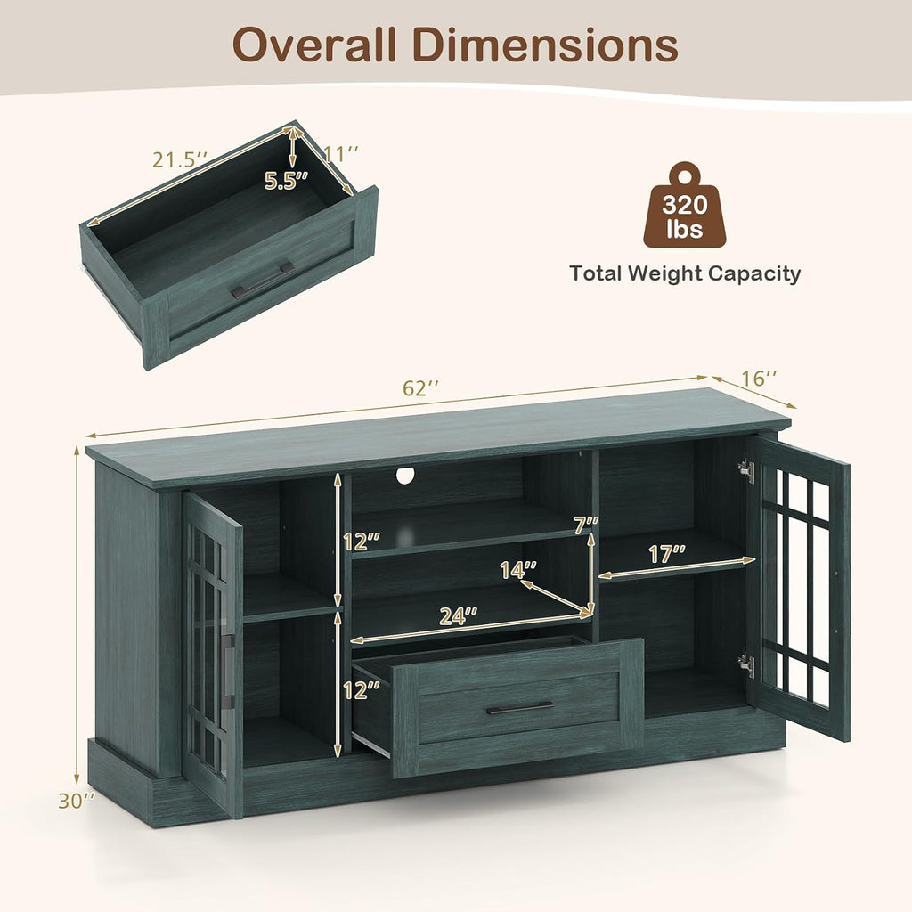Tangkula Farmhouse TV Stand for TV up to 65 70 Inches, Tall Media Console Table with 2 Glass Storage Cabinets, 1 Drawer & 2 Open Shelves, Wooden Entertainment Center for Living Room (Vintage Green)